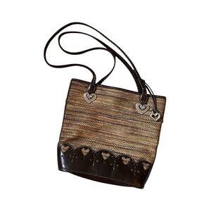 Vintage 90s Brighton Caroline Brown Leather & Tweed Bucket Bag hearts hardware